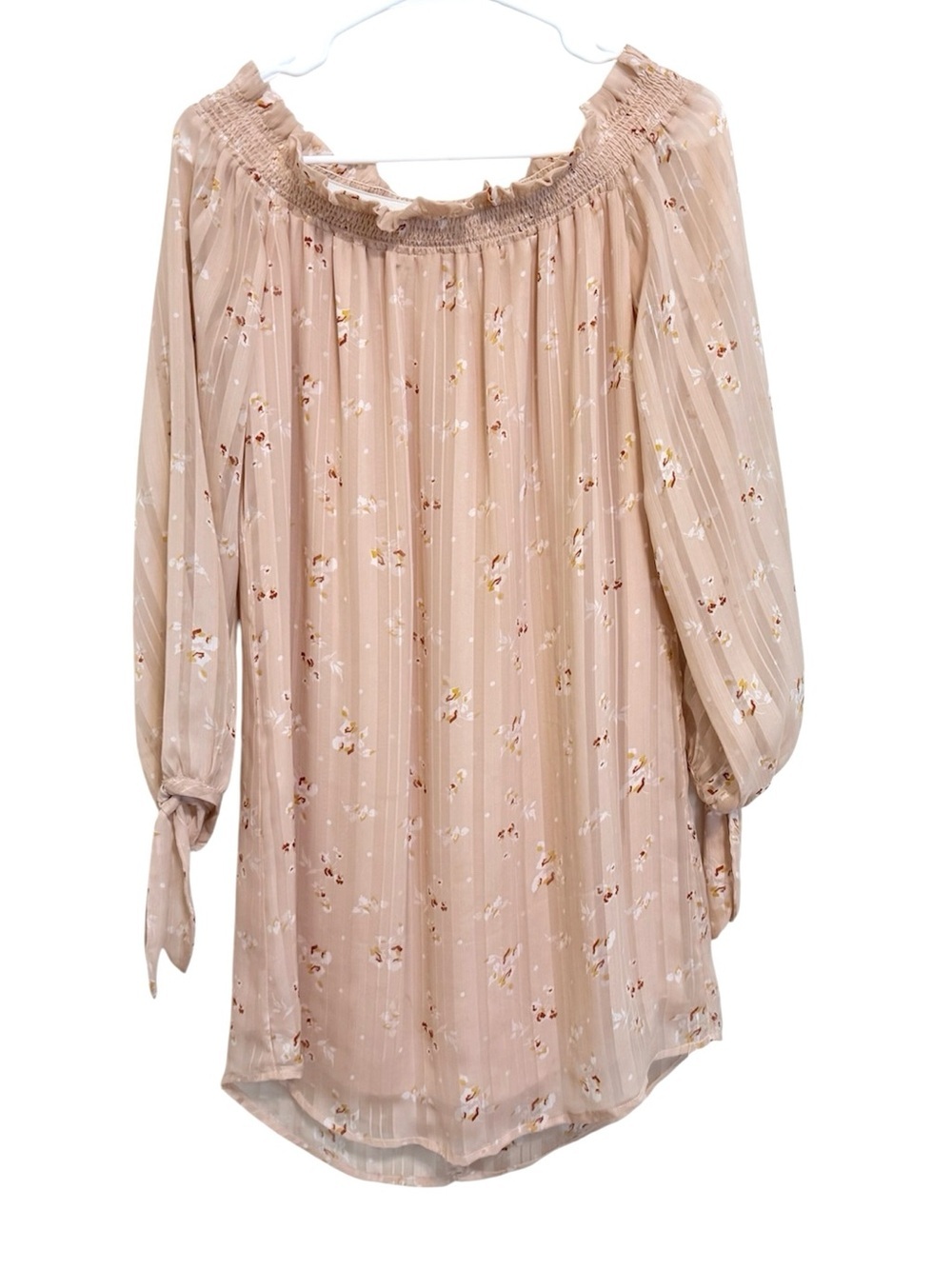 WAYF Cream Floral Off Shoulder Chiffon Dress Small